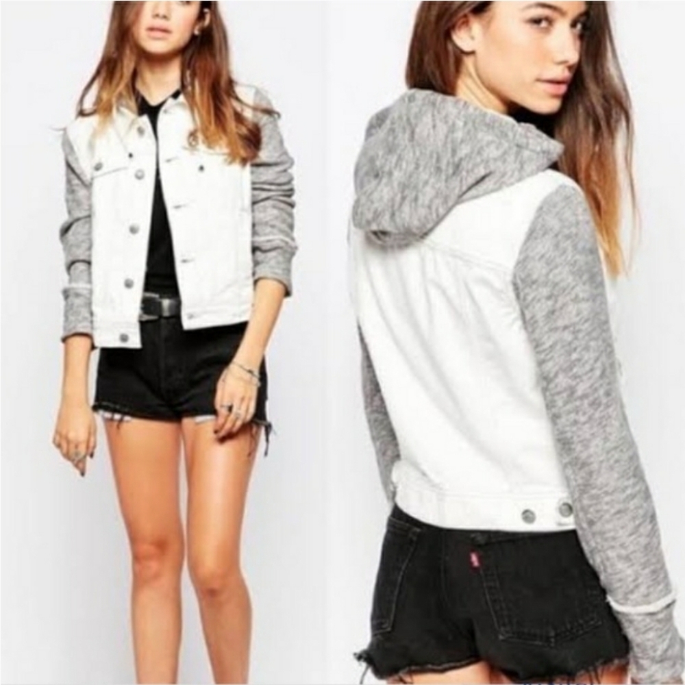 Free People white denim jacket with knit sleeves